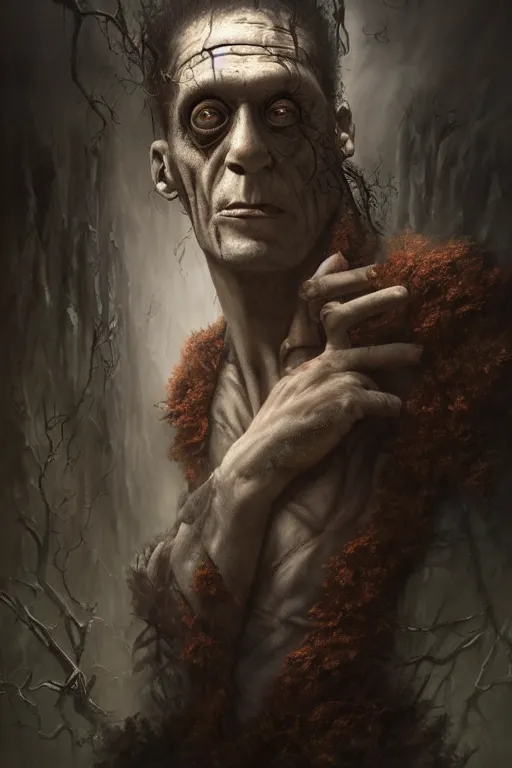 Prompt: frankenstein the king of all hell, horror, eerie, sinister, surreal, illustrated by Mizuri AU and Soufiane Idrassi and BONDARTS and Tomasz Alen Kopera, trending on artstation, 4k, 8k