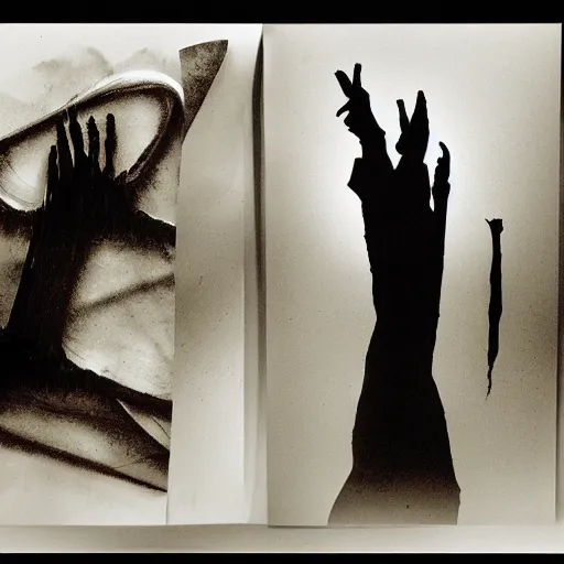 Image similar to The horror in the shadows is my love, impressionism, burnt paper, sharp contrast by Dave McKean and Lucien Clergue