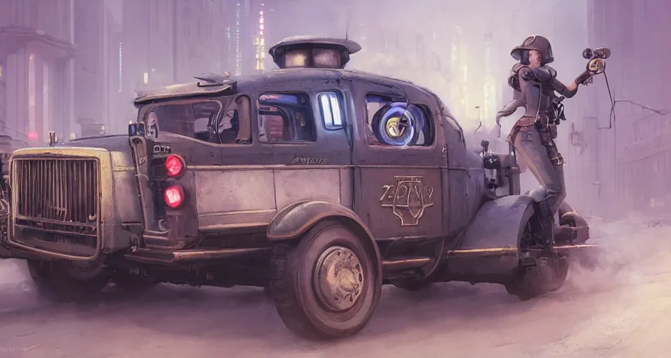 Prompt: a highly detailed epic cinematic concept art CG render digital painting artwork scene: retrofuturistic 1920s cyberpunk steampunk soviet police patrol car inspired by a locomotive emitting smoke. By Greg Rutkowski, Ilya Kuvshinov, WLOP, Stanley Artgerm Lau, Ruan Jia and Fenghua Zhong, trending on ArtStation, made in Maya, Blender and Photoshop, octane render, excellent composition, cinematic dystopian brutalist atmosphere, dynamic dramatic cinematic lighting, aesthetic, very inspirational, arthouse