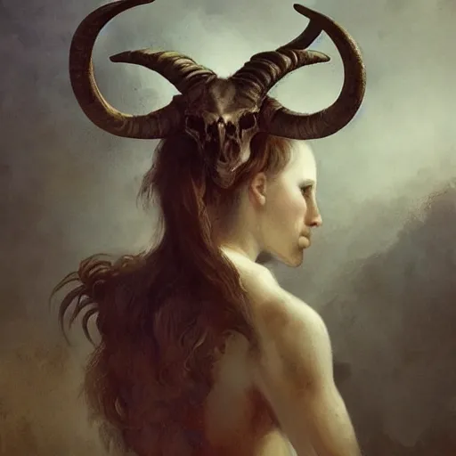 Image similar to woman with goat horns holding an animal skull, style of da vinci, horror, fantasy illustration, by greg rutkowski