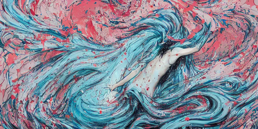 Image similar to an elegant angel surfacing out of the sea, thunderstorm, art by james jean, graffiti, liquid, splatter paint