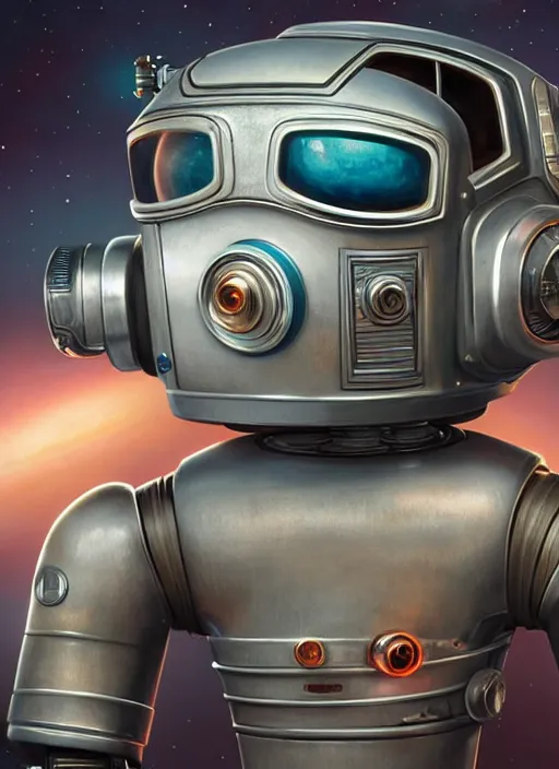 Image similar to highly detailed closeup, portrait of a retro robot deep space explorer, unreal engine, nicoletta ceccoli, mark ryden, earl norem, lostfish, global illumination, detailed and intricate environment