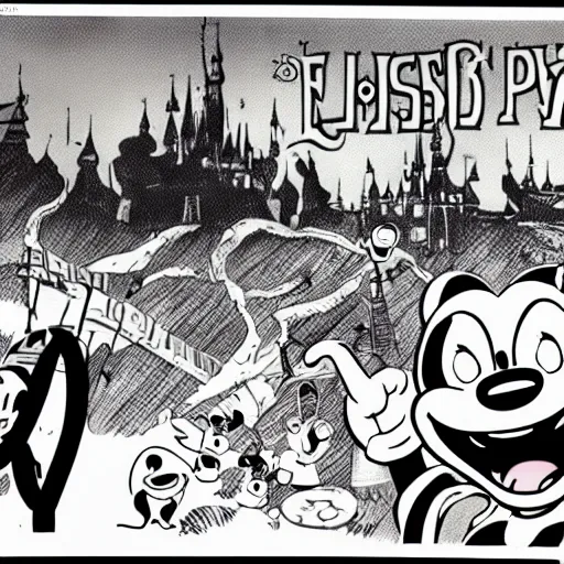 Prompt: post - apocalyptic magic kingdom, rubberhose animation, walt disney world, vintage cartoon, felix the cat,