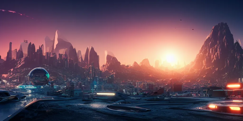 Prompt: futuristic chrome city, sunset glowing off a mountain in background, busy waves, ray tracing, refractive, planet in the sky, award winning, trending on artstation, digital art. highly detailed 8 k. intricate. lifelike. soft light. nikon d 8 5 0.