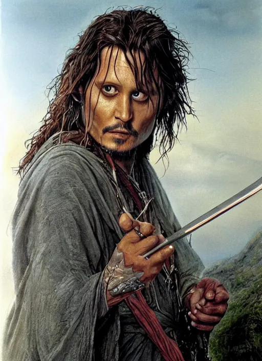 Image similar to johnny depp as aragorn, character painting by alan lee and john howe, at sunset, concept art, matte painting