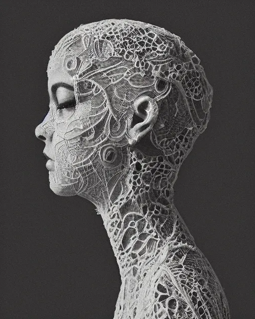 Image similar to a woman's face in profile, made of intricate lace skeleton, in the style of the dutch masters and gregory crewdson, dark and moody