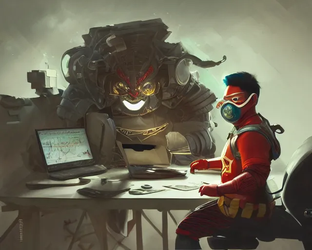 Image similar to an insanely detailed painting of a slightly chubby, nerdy asian man wearing a superhero costume and mask, sitting at a desk, staring at the nervously at the computer and typing, in the style of peter mohrbacher, dramatic lighting and composition, octane render, trending on artstation, concept art, comic book, view from behind