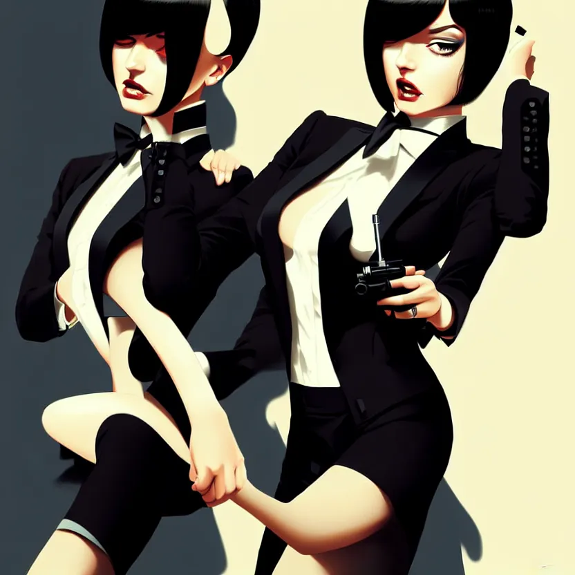 Prompt: the chemical brothers - eve of destruction, slim cruel business girl in tuxedo with black bob hair, elegant, 2 d, ultra highly detailed, digital painting, smooth, sharp focus, artstation, art by ilya kuvshinov!