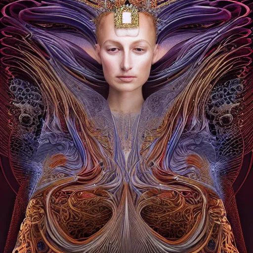 Prompt: high priestess queen of jupiter by iris van herpen, zaha hadid, zdzisław beksinski and alphonse mucha. highly detailed, hyper - real, very beautiful, intricate fractal details, very complex, opulent, epic, mysterious, trending on deviantart and artstation