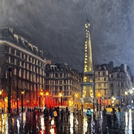 Prompt: Public square in Paris, it is night and raining, oil painting , highly detailed , high contrast, beautiful lighting, award winning , trending on art station, photorealistic, 8k