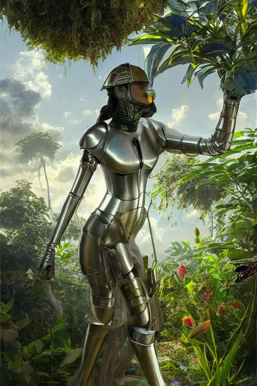 Prompt: female knight errant in a high tech botanical world with blue skies| pristine metals, glass and plants | solarpunk | artstation | | high detail | ultra realistic | sunlight | Jules Joseph Lefebvre, vincent callebaut