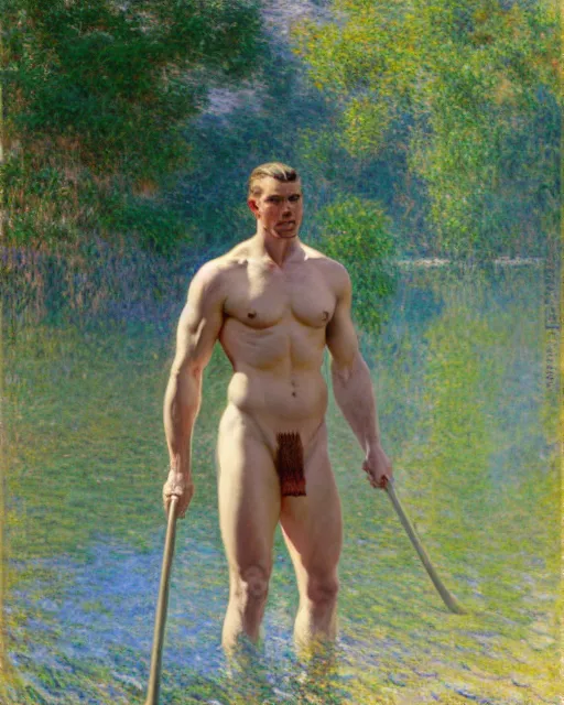 Image similar to muscular soldier wading through a river, sunlight shining on his skin, reflective water, painting by tom of finland, gaston bussiere, craig mullins, j. c. leyendecker, claude monet