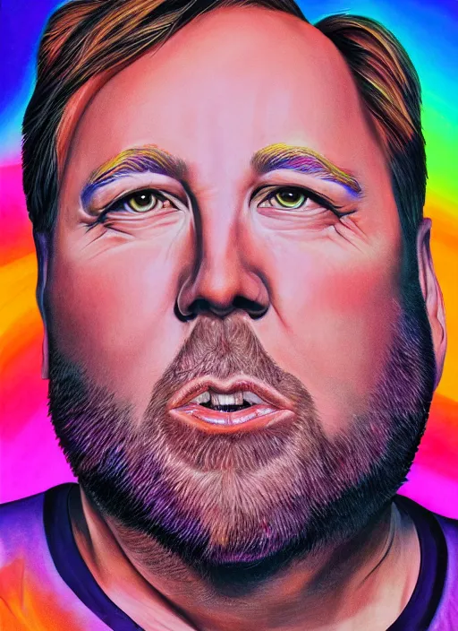 Image similar to photoreal ultra realistic portrait of discheveled alex jones by lisa frank