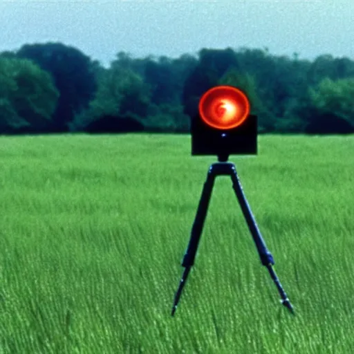 Prompt: wide view of an alien tripod walking in a field, aiming its laser at nearby peasants, 90s VHS TV still from the British series The Tripods (1984)