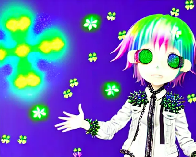 Image similar to a hologram of decora styled green haired yotsuba koiwai wearing a gothic spiked jacket, background full of lucky clovers, crosses, and shinning stars, holography, irridescent