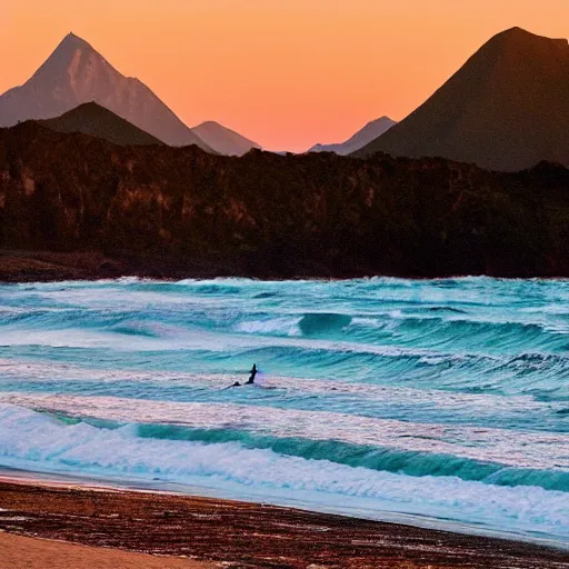 Image similar to A beach with mountains. The tallest peaks reach nearly to the sky. Ahead, in the distance, a blue-green sea stretches out for miles and miles until it fades into infinity. Surfers are riding the waves as they break against the shore. As the sun sets over the horizon, the light casts shadows across the water. A lone figure walks along the ocean's edge while looking at the distant land that lay beyond.