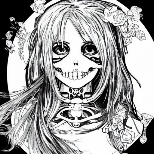 Prompt: anime manga skull portrait girl female profile skeleton astronaut illustration 80s art frank miller dirko and alphonse mucha pop art nouveau