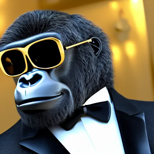 Image similar to a gorilla wearing a nice tuxedo, wearing shades and wearing gold chains, photorealistic, 8 k, unreal engine 6, highly detailed, coherent,