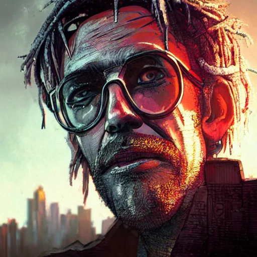 Image similar to cyberpunk, closeup portrait of a shaggy old cyberpunk fence, crooked teeth, bald, tired eyes, tattered tweed jacket, dramatic light, city background, sunset, dystopian setting, high contrast, sharp, neuromancer, the finn, painted by stanley lau, painted by greg rutkowski, painted by stanley artgerm, digital art, trending on artstation