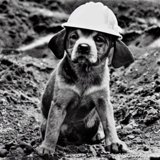 Prompt: puppy working in a coal mine, wearing hard hat, photo from 1 9 9 8,