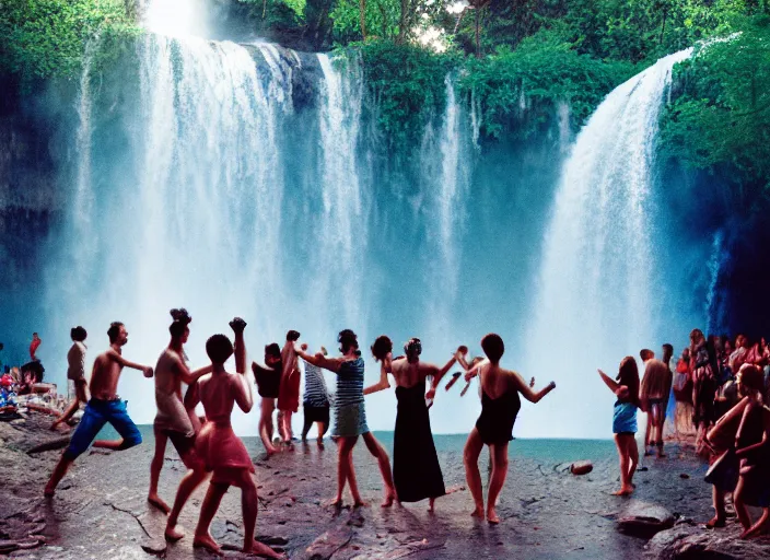 Prompt: people dancing under a waterfall highly detailed sharp zeiss lens 3 5 mm kodachrome film masterpiece ryan mcginley moonmilk fireworks trees nature running cave with blue ambient lighting