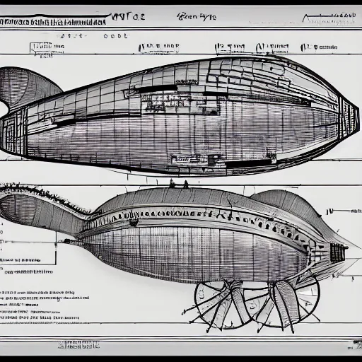Image similar to detailed blueprints for a steampunk zeppelin