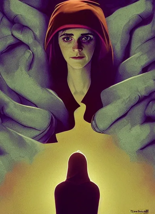 Image similar to poster artwork by Michael Whelan and Tomer Hanuka, Karol Bak of Emma Watson nun, realizing she has feelings for scientist Kiernan Shipka, from scene from Twin Peaks, clean