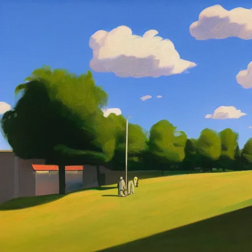 Prompt: lonely man, Blue sky, white clouds, green grass, 4k, art style of Edward Hopper and James Gilleard, new realism