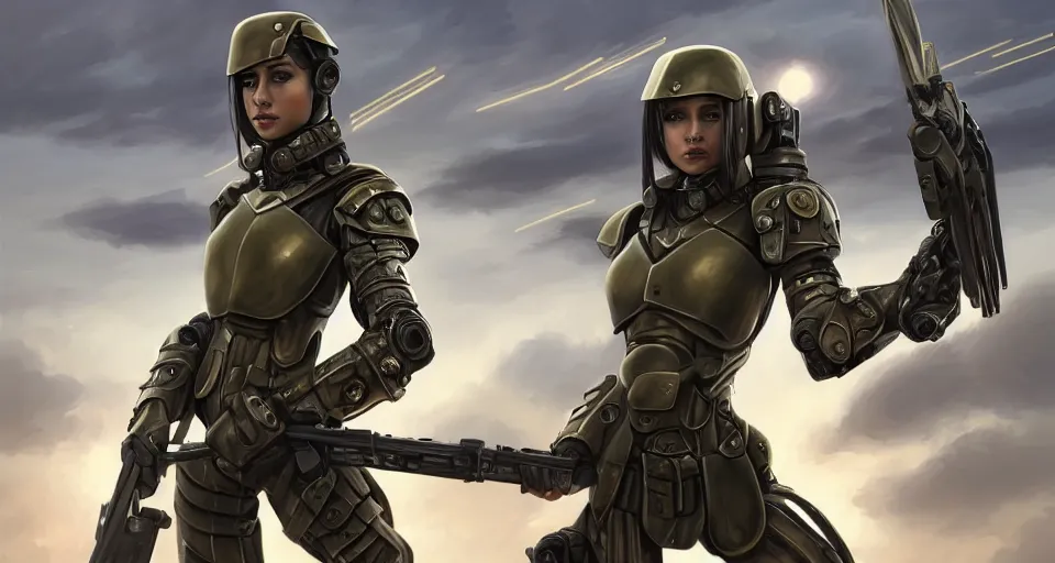 Image similar to a photorealistic painting of an attractive young warrior girl, clothed in stealth-battle armor with a giant sci-fi sniper rifle in her hands, olive skin, long dark hair, beautiful bone structure, symmetrical face, perfect eyes, a futuristic hover-tank with heavy laser-turret in the background, intricate details, elegant, digital painting, illustration, sharp focus, minimal artifacts, from Metal Gear, in the style of Ruan Jia and Mandy Jurgens and Greg Rutkowski, trending on Artstation, award winning, unreal engine, octane render