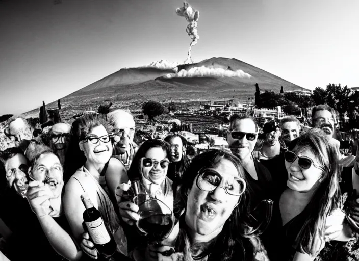 Prompt: old photo of greeks wich drink wine and have fun against the backdrop of mount vesuvius starting to erupt, photo by hunter thompson, fisheye 4, 5 mm, diffused backlight