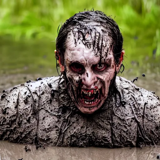 Image similar to 8 k photo of a horror villain stuck in mud, he is sad that his dark clothes are muddy.