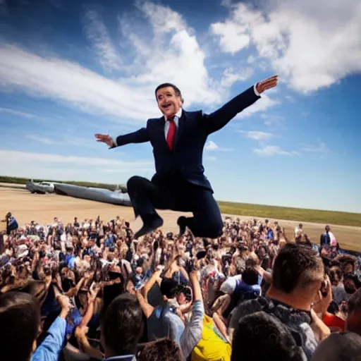 Image similar to president pedro sanchez jumping out of an airplane, epic movie still, professional photography