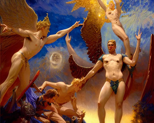 Image similar to gallant male deity, casting angelic magic, summoning regal lucifer morning star, as they negotiate over the earthly realm, highly detailed painting by gaston bussiere, craig mullins, j. c. leyendecker, tom of finland