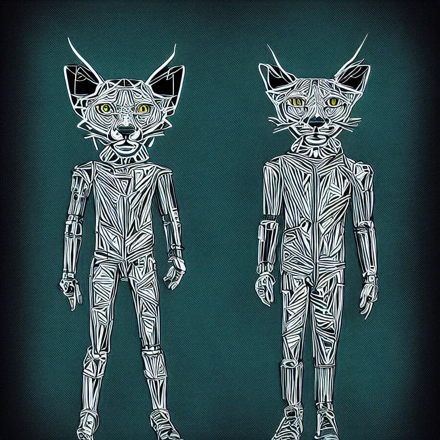 Image similar to a slightly minimalist very detailed fullbody portrait antropomorphic humanoid android with a head of a lynx. lowbrow blacklight color palette. artwork by subjekt zero. black background.