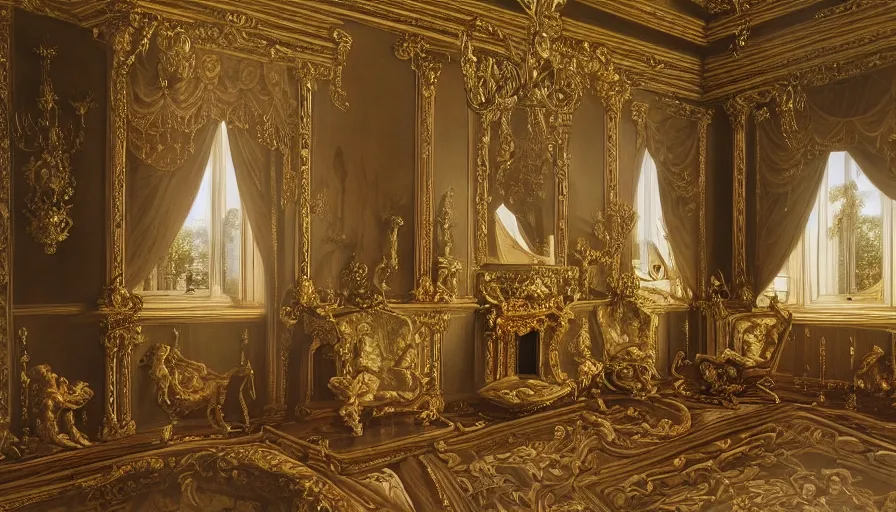 Image similar to photo of rococo interior, hyperrealism, extreme detail, intricate, elegant, highly detailed, sharp focus