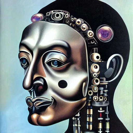 Prompt: half salvador dali, half robot, portrait, in style of salvador dali