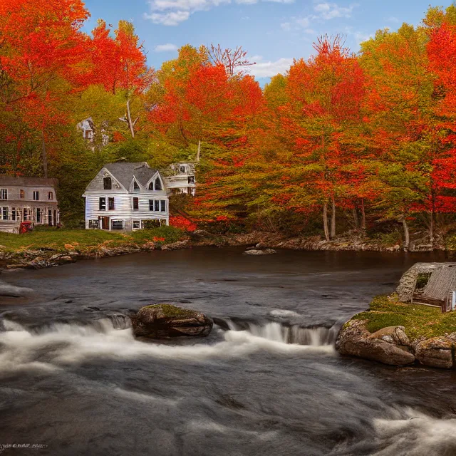 Prompt: small new england colonial village on a river in the white mountains of new hampshire, fall foliage, realistic, unreal engine render, octane render, hyper realistic, photo, 8 k