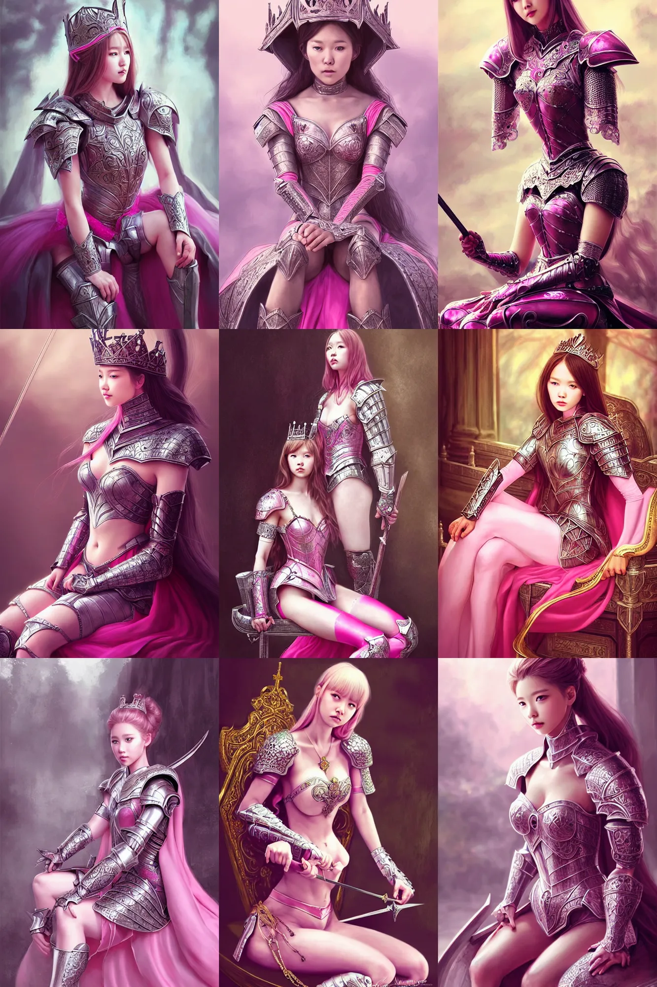 Prompt: gorgeous!! hyper - realistic princess wearing ornate pink knight armor l sitting at the thrown | drawn by wlop and jeehyung lee and artgerm