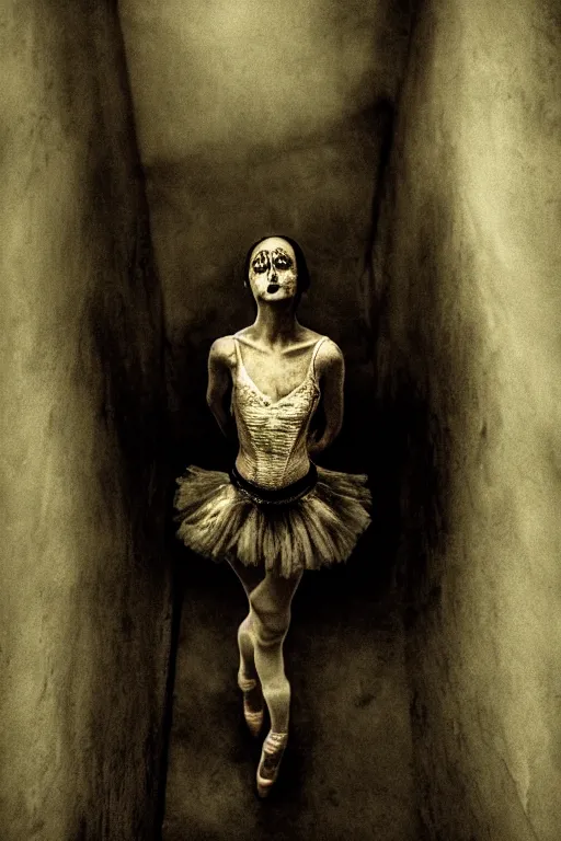 Image similar to dark ballerina, emil melmoth, concept art, deviantart, dark, 3 5 mm, chiaroscuro, surrealist, victorian, mist, dark down the stairs see from above