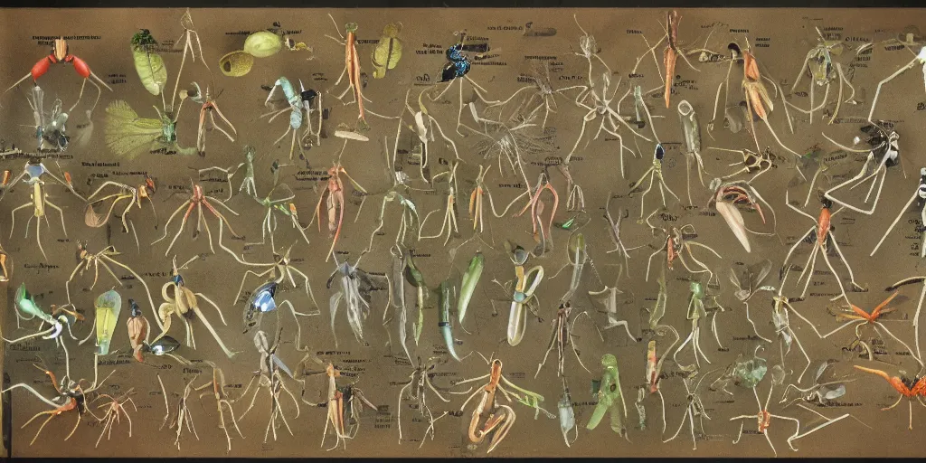 Prompt: Very detailed biological schema showing five missing links in the evolution of mosquitoes into man