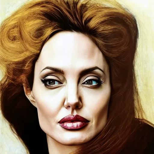 Image similar to an amazing award winning photo of angelina jolie as of adele bloch - bauer by gustav klimt