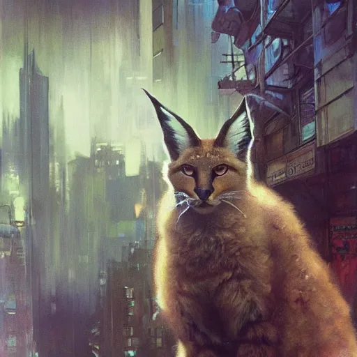 Image similar to cute fluffy caracal, hyperrealistic portrait, bladerunner street, art of elysium by jeremy mann and alphonse mucha, fantasy art, photo realistic, dynamic lighting, artstation, poster, volumetric lighting, very detailed face, 4 k, award winning