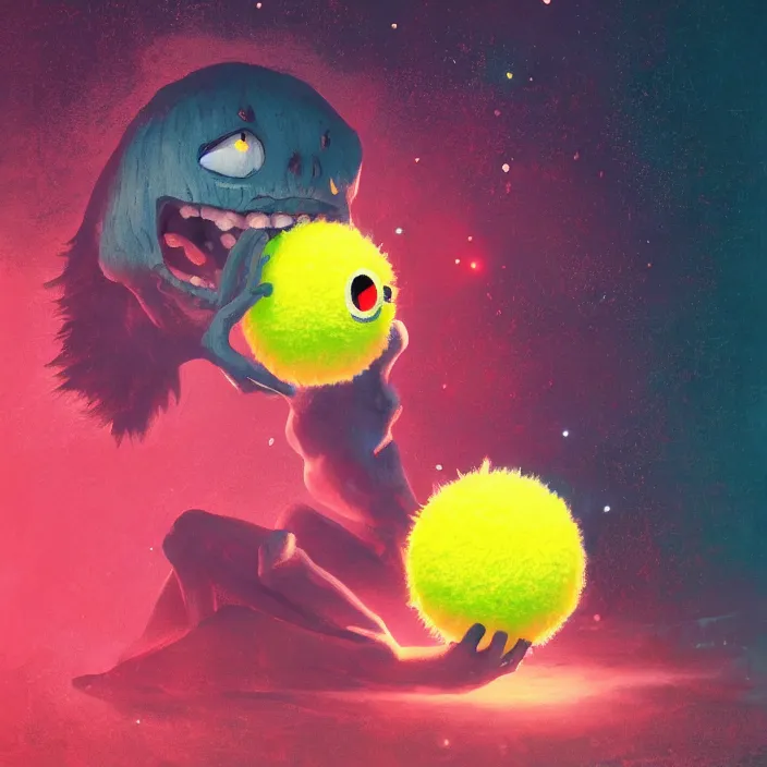 Image similar to cinematic portrait of a cute tennis ball monster in the abyss of space, chalk, masterpiece, trending on artstation, featured on pixiv, cinematic composition, dramatic pose, beautiful lighting, sharp details, hyper - detailed, hd, hdr, 4 k, 8 k, art by basil gogos