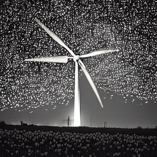 Image similar to “a burning wind turbine in a field of tulips at night time. It is night and very dark. Fireworks in the night sky. 35mm film. Cursed image.”