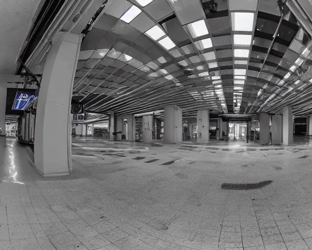 Image similar to camera footage of a Robot hunting people in an abandoned shopping mall, high exposure, dark, monochrome, camera, grainy, CCTV, security camera footage, timestamp, zoomed in, fish-eye lense, Robot, Drone, Intense, Darpa,