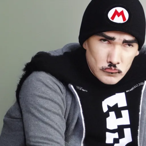 Prompt: super mario miserable wearing a black beanie