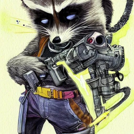 Image similar to racoon holding a laser gun, guardians of the galaxy style, centered award winning watercolor pen illustration, by range murata