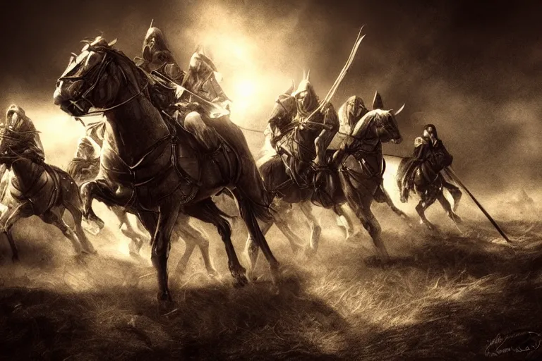 Prompt: realistic, medieval cavalry charging, pikes, hellbards, epic, digital art, illustration, fantasy, realistic sketch, dark, epic, realistic lighting