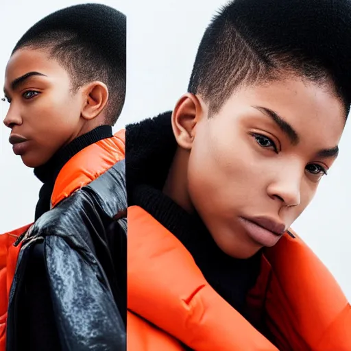 Image similar to realistic photoshooting for a new balenciaga lookbook color film photography close up portrait of a beautiful woman model, model wears a puffer jacket, photo in style of tyler mitchell, ssense