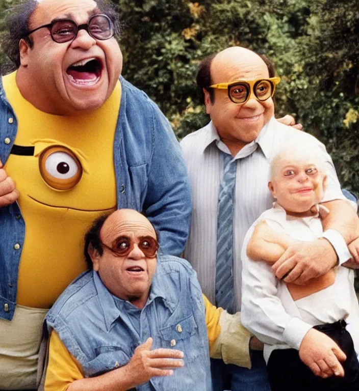 Image similar to photo of danny devito morphing into a minion in the style of an animorphs